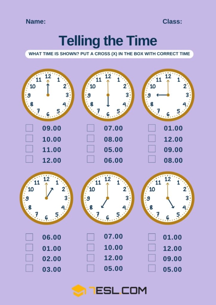 Find the Time Lesson 19 Analog Clock Practice Worksheet First grade worksheet for students learning to tell time on analog clocks
