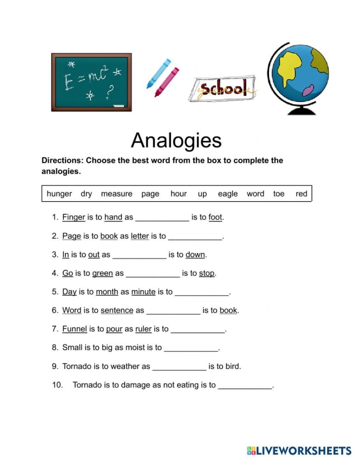 Third grade student completing an analogies worksheet about finding relationships between words