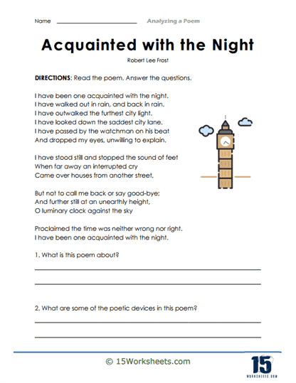 A student worksheet featuring the poem When I Was One-and-Twenty by A.E. Housman with questions for sixth grade analysis