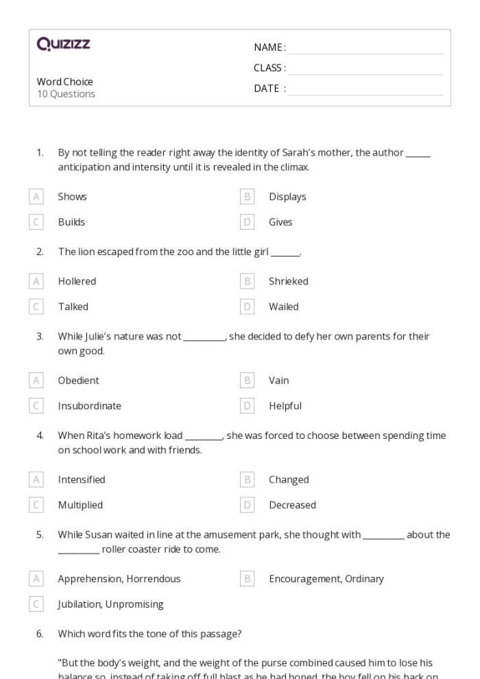 Eighth grade reading comprehension worksheet focused on analyzing the poem Impressions by Alice Moore Dunbar-Nelson