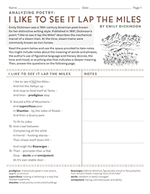 Sixth grade students analyzing poetry worksheet featuring When I Was One-and-Twenty by A.E. Housman with comprehension questions and literary analysis activities