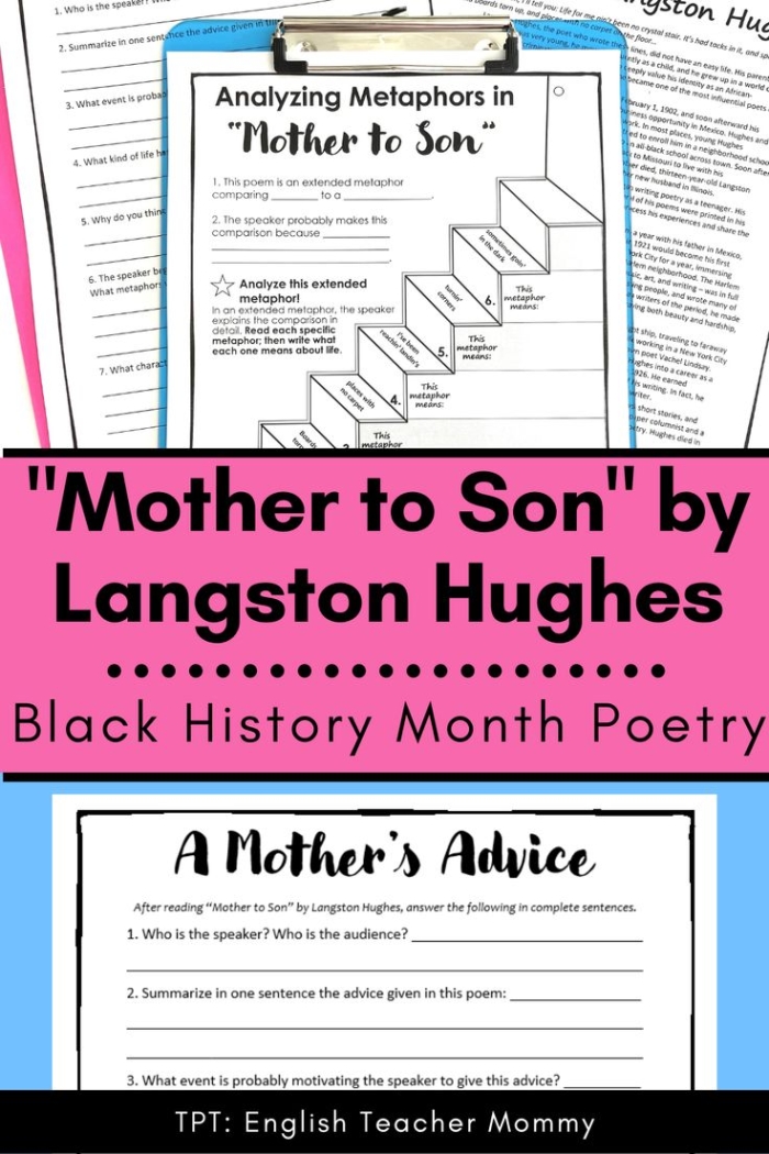 Analyzing Poetry Mother to Son by Langston Hughes worksheet for grade seven students Seventh grade student completing a worksheet on Langston Hughes poem Mother to Son