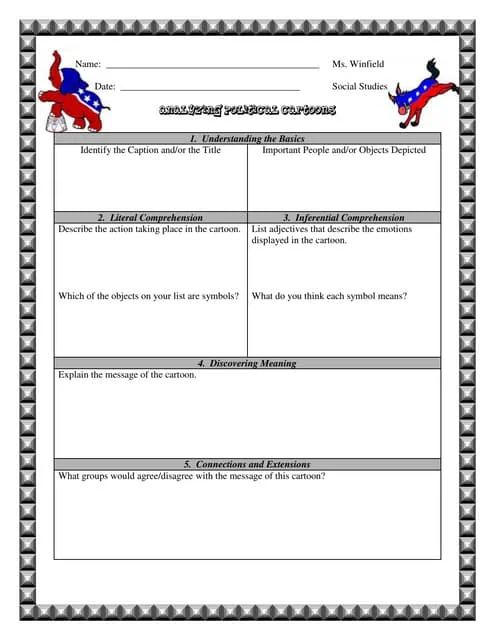 Analyzing Political Cartoons Women's Right to Vote Worksheet Exercise 20 A seventh grade student analyzing a historical political cartoon about the women's suffrage movement on a worksheet