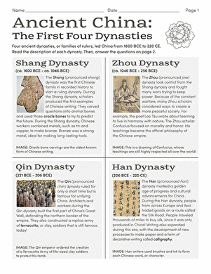 Sixth grade worksheet about the historical accomplishments of the first four dynasties in Ancient China