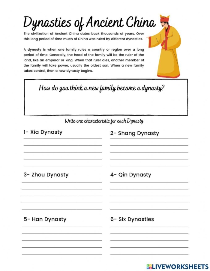 Students working on a worksheet about the first four dynasties of Ancient China