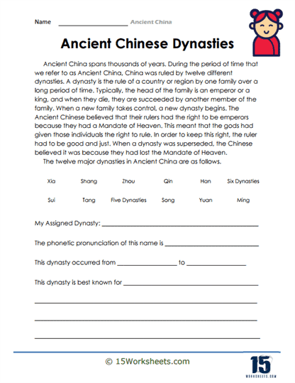 Worksheet activity on Ancient China's first four dynasties for sixth graders