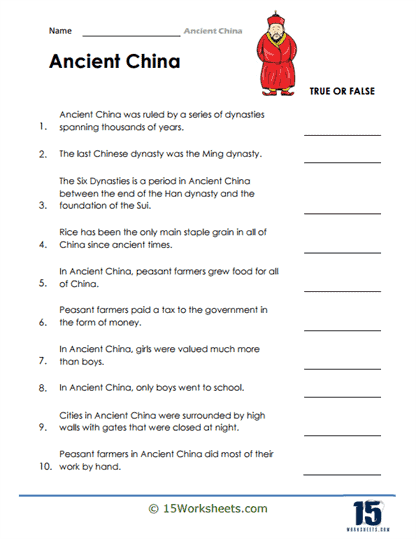 Sixth grade worksheet displaying the historical timeline and major achievements of the first four Ancient China dynasties