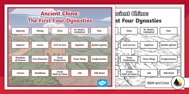 Worksheet illustrating the first four dynasties of Ancient China for sixth-grade students