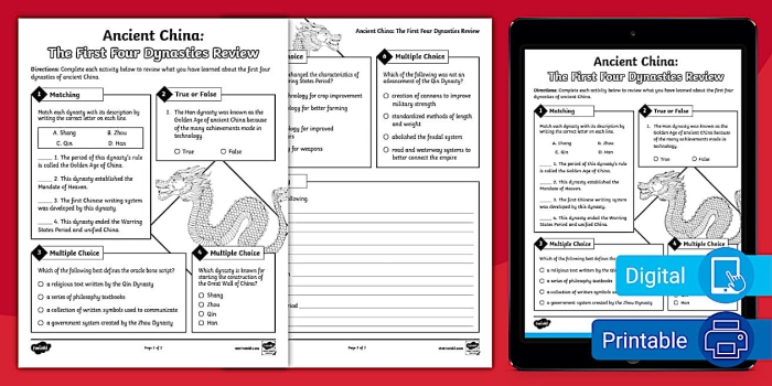 Sixth grade students completing a worksheet on the historical accomplishments of China first four dynasties