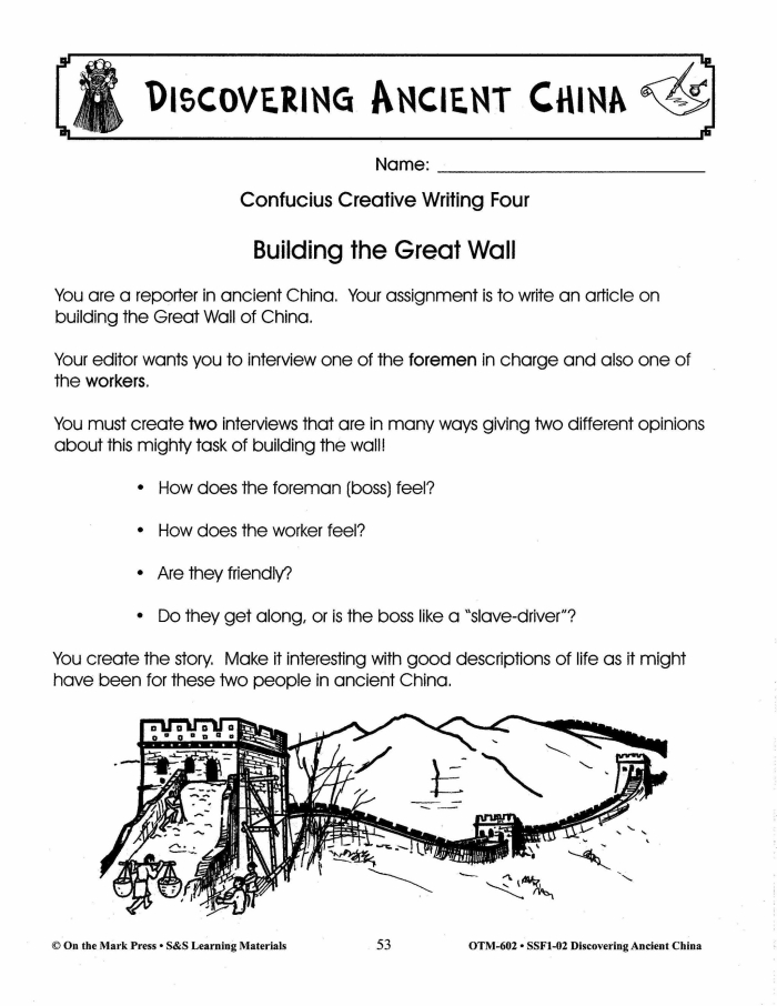 Sixth grade worksheet detailing the historical accomplishments and timelines of the first four Chinese dynasties