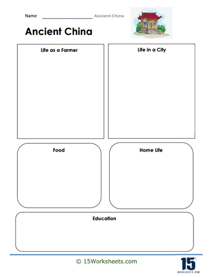 Sixth grade social studies worksheet covering the accomplishments of the first four ancient Chinese dynasties