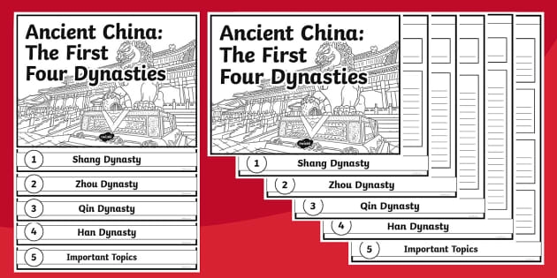 Sixth grade worksheet featuring an illustrated map and facts about the first four dynasties of Ancient China
