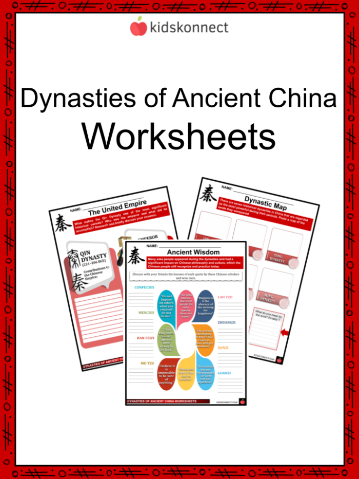 Worksheet illustrating the first four dynasties of Ancient China for sixth graders