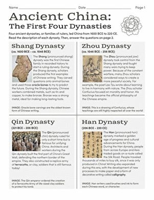 Worksheet illustrating the first four dynasties of Ancient China for sixth graders