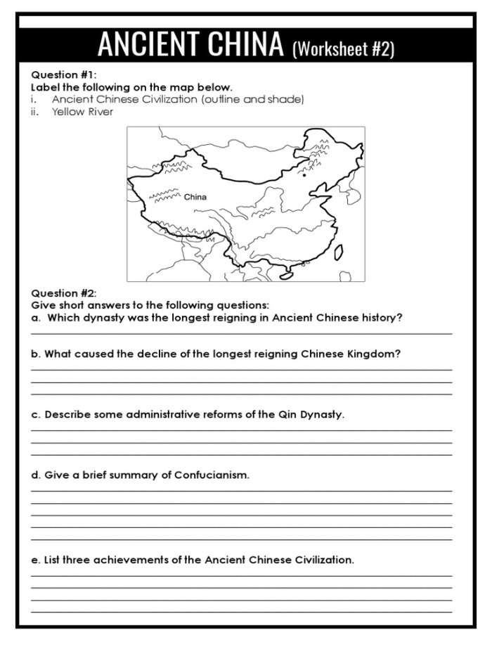 Students examining a worksheet about the first four dynasties of Ancient China