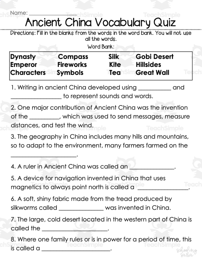 Worksheet for Ancient China focusing on the first four dynasties and their significant achievements. Ancient China: The First Four Dynasties educational worksheet for sixth graders.