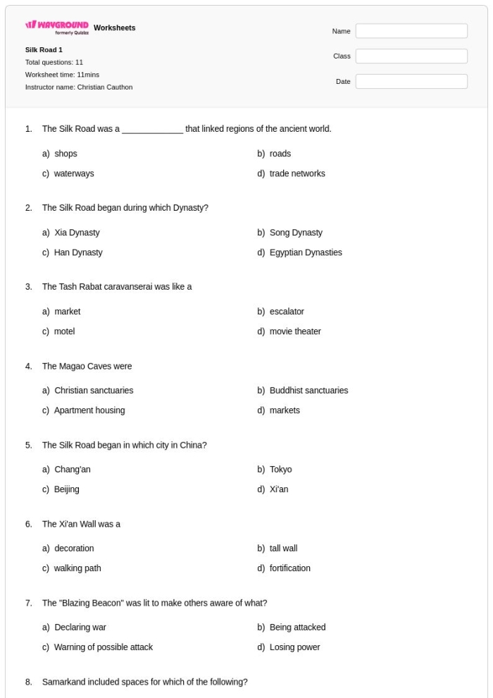 Educational resource for enhancing research skills on the Silk Road Worksheet featuring the Ancient China Silk Road exploration for sixth graders