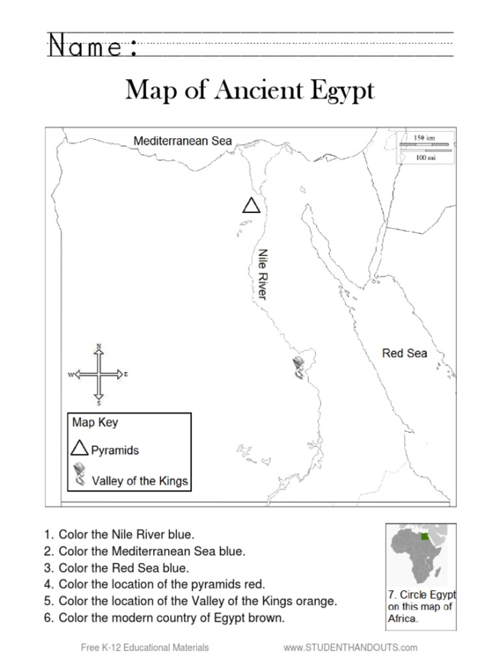 Ancient Egypt Map Learning Activity for Elementary History Class Fifth grade students studying ancient Egypt geography with an educational map worksheet showing the Nile River and historical regions