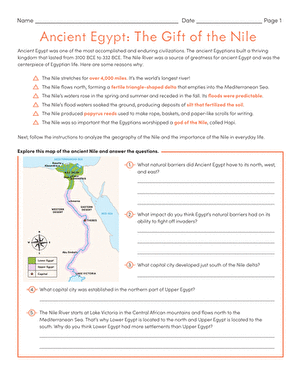 Time and Money worksheet for Sixth Grade Students engaging with the Ancient Egypt: The Gift of the Nile worksheet, highlighting the Nile River's geography. Educational resource for sixth-grade learners on ancient Egyptian civilization's development.