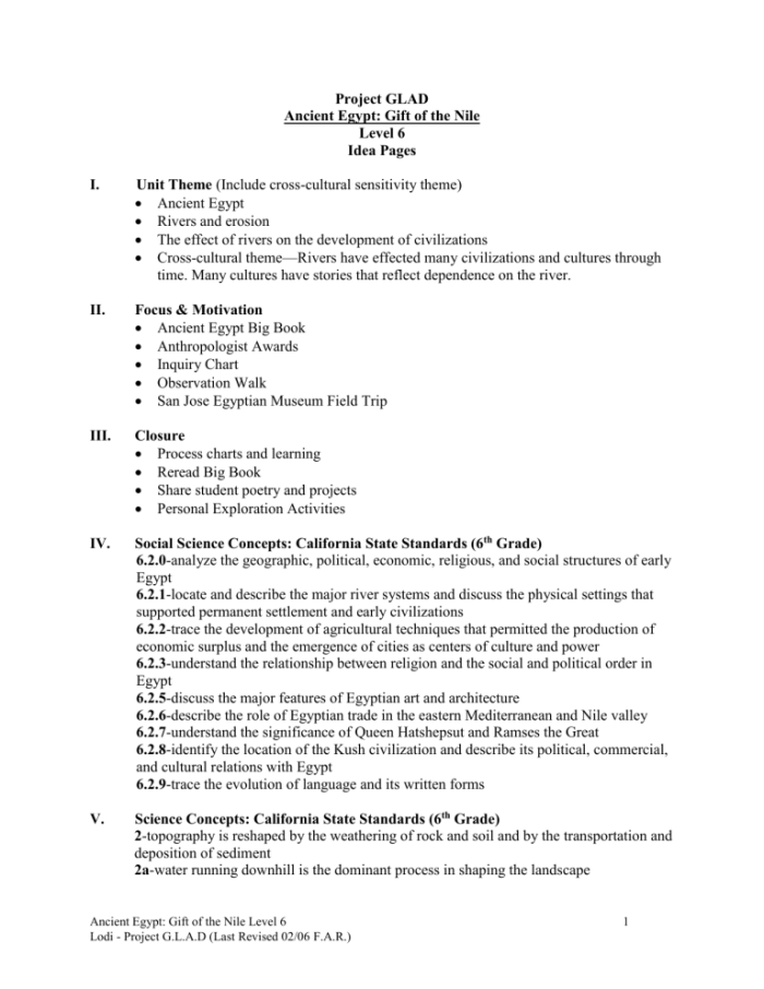 Worksheet about Ancient Egypt: The Gift of the Nile for sixth-grade students Ancient Egypt worksheet illustrating the Nile River's geographic features and its influence on civilization