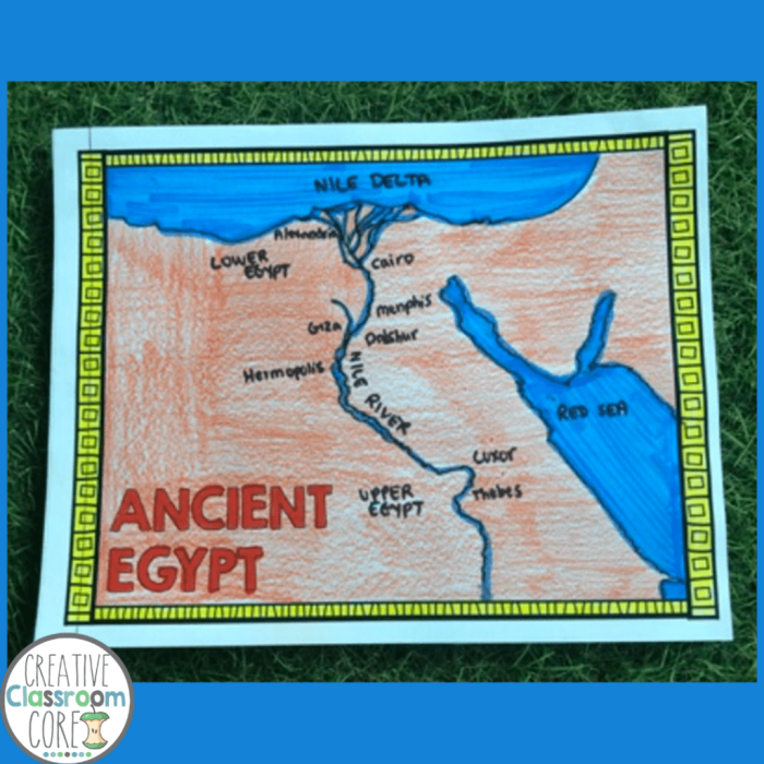 Ancient Egypt Geography Learning Map for Elementary History Class Map of ancient Egypt showing the Nile River, major cities, and regions for fifth grade students to study