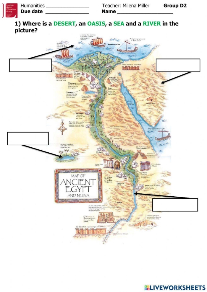 Worksheet for sixth graders exploring the impact of the Nile River on ancient Egypt Map illustrating the Nile River's geographic features and its significance to ancient Egyptian civilization