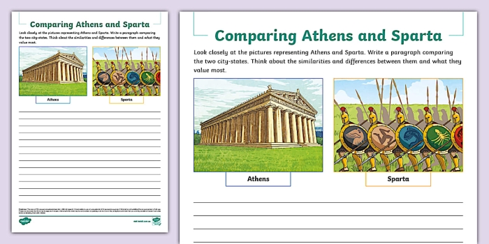 Worksheet illustrating the differences between Athens and Sparta for sixth graders