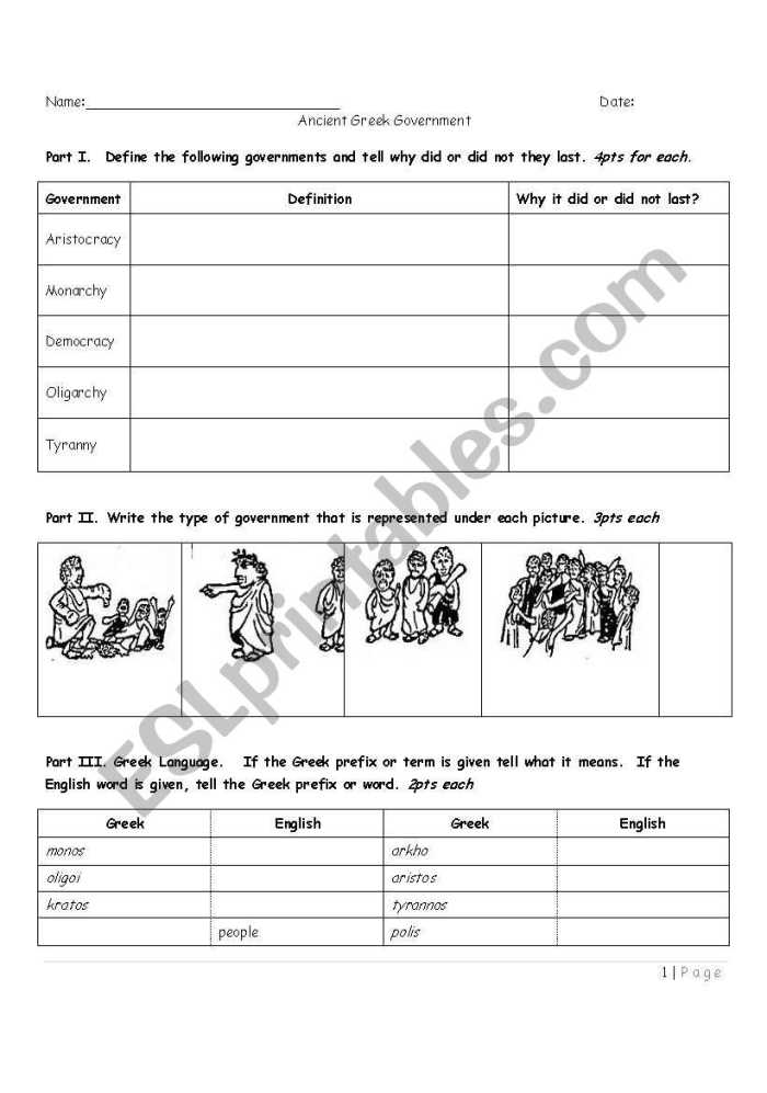 Sixth grade history worksheet detailing four types of ancient Greek government