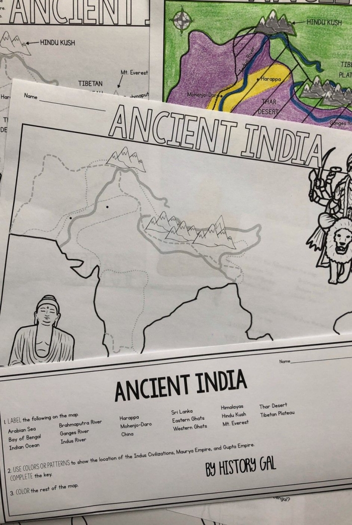 Ancient India Map Physical Features Labeling Activity Page 11 Sixth grade worksheet featuring an Ancient India map for labeling geographic landmarks and physical features