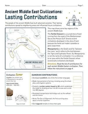 Ancient Middle East Civilizations Lasting Contributions Educational Worksheet for Grade 6 Sixth grade students completing a worksheet about ancient Middle East civilizations and their contributions to modern society