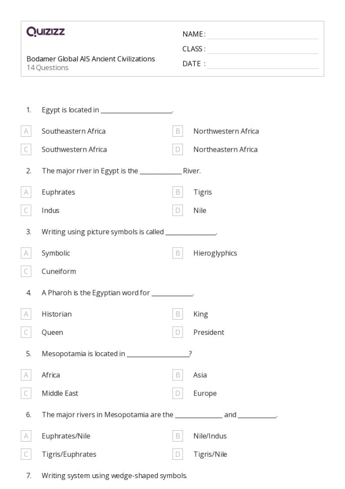 Ancient Middle East Civilizations Lasting Contributions Educational Worksheet for Grade 6 Sixth grade students completing a worksheet about ancient Middle East civilizations and their lasting contributions to society