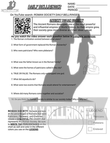 Sixth grade social studies worksheet highlighting the hierarchy of ancient Roman society