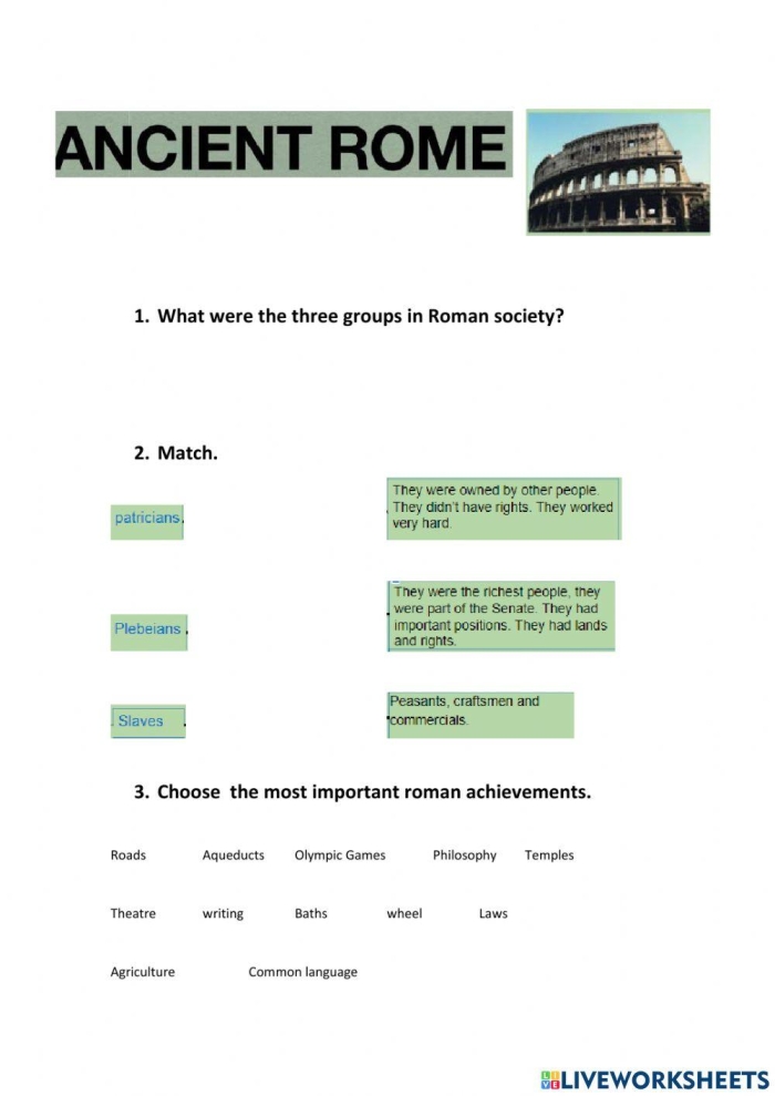 Sixth grade social studies worksheet highlighting the distinct social classes within ancient Roman society