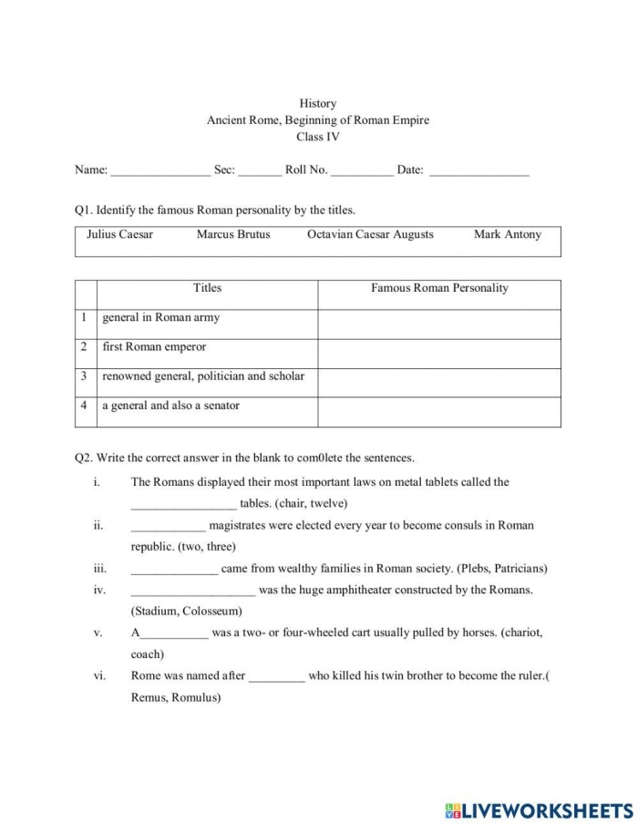 Sixth grade social studies worksheet highlighting the distinct social classes within Ancient Roman society