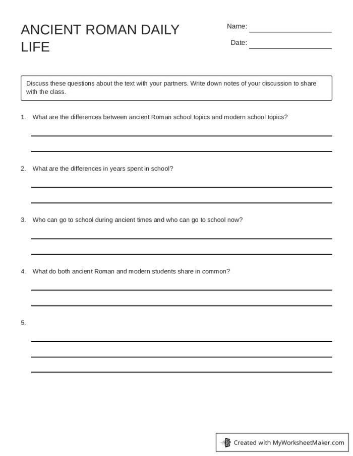 Sixth grade students comparing social classes in ancient Rome with a worksheet activity