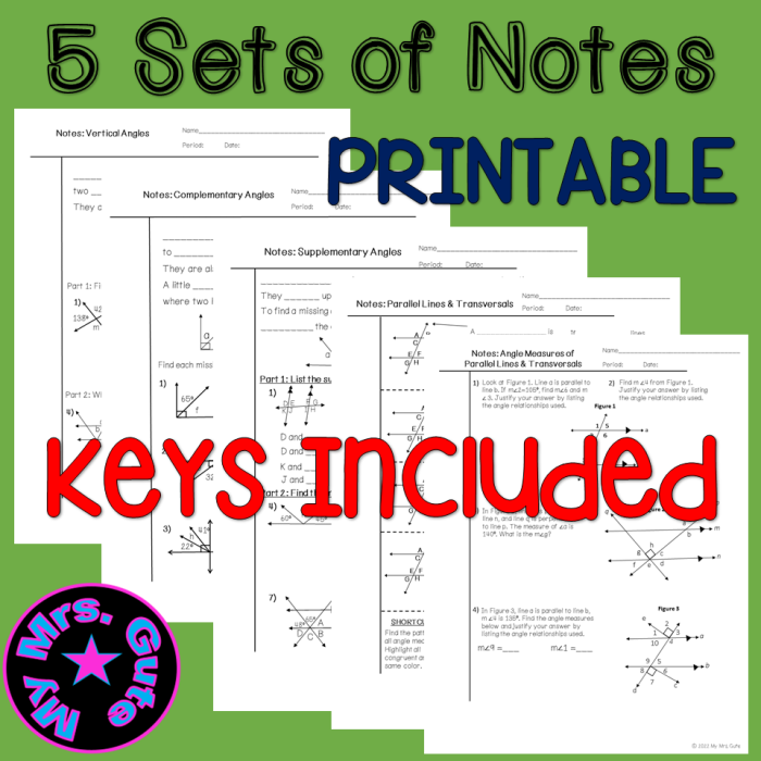 Seventh grade students learning angle relationships with guided notes worksheet showing geometric diagrams and definitions