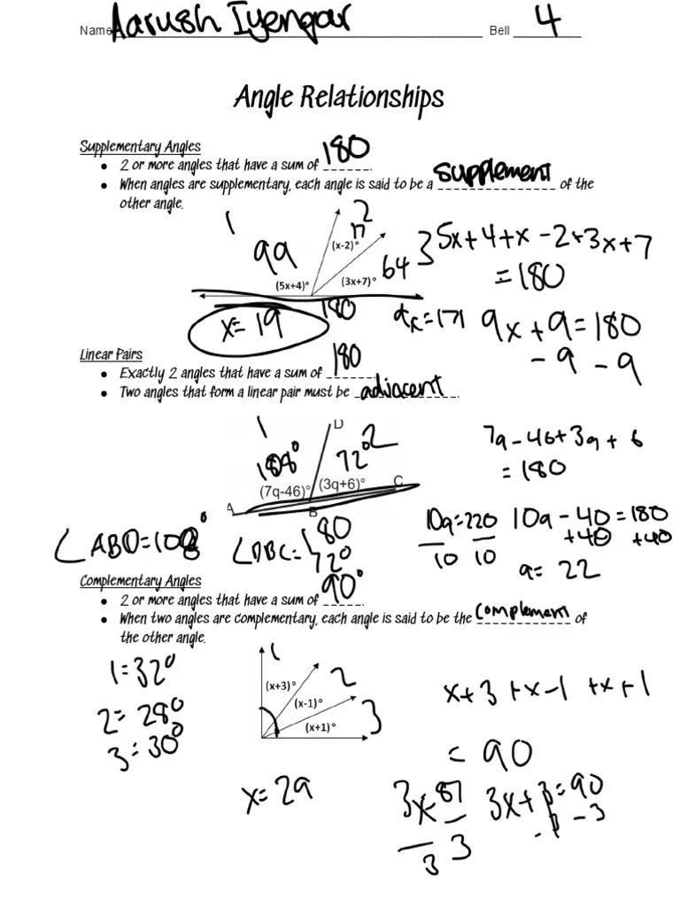 Seventh grade students learning angle relationships with guided notes worksheet template