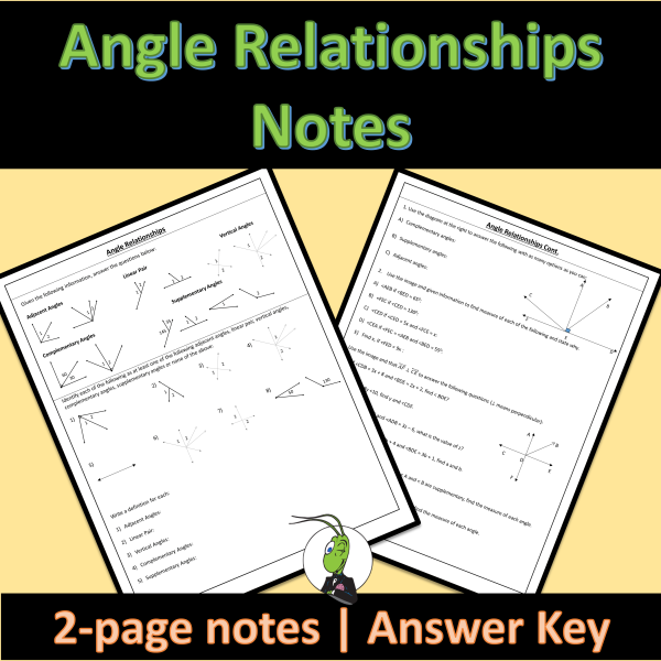 Seventh grade angle relationships guided notes worksheet with diagrams for student practice