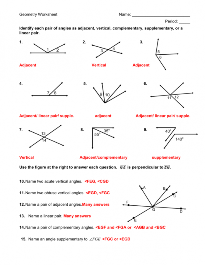 Angle Relationships Handout worksheet for seventh-grade geometry students to understand angle concepts
