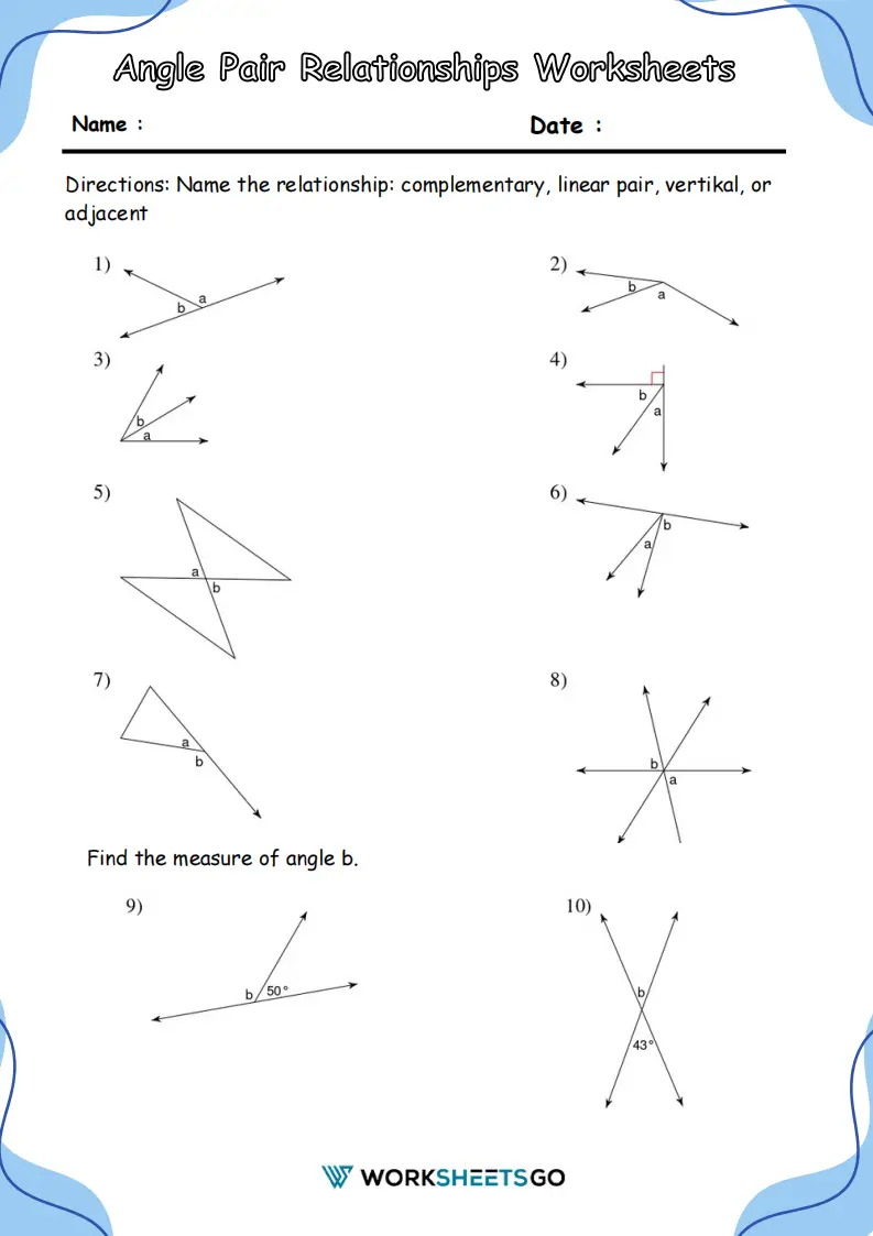 Angle Relationships Handout worksheet for seventh-grade students to enhance their geometry skills. One-page educational resource designed to clarify angle relationships in geometry.