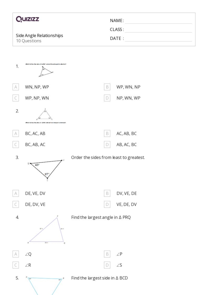 Angle Relationships Handout worksheet for seventh grade geometry students