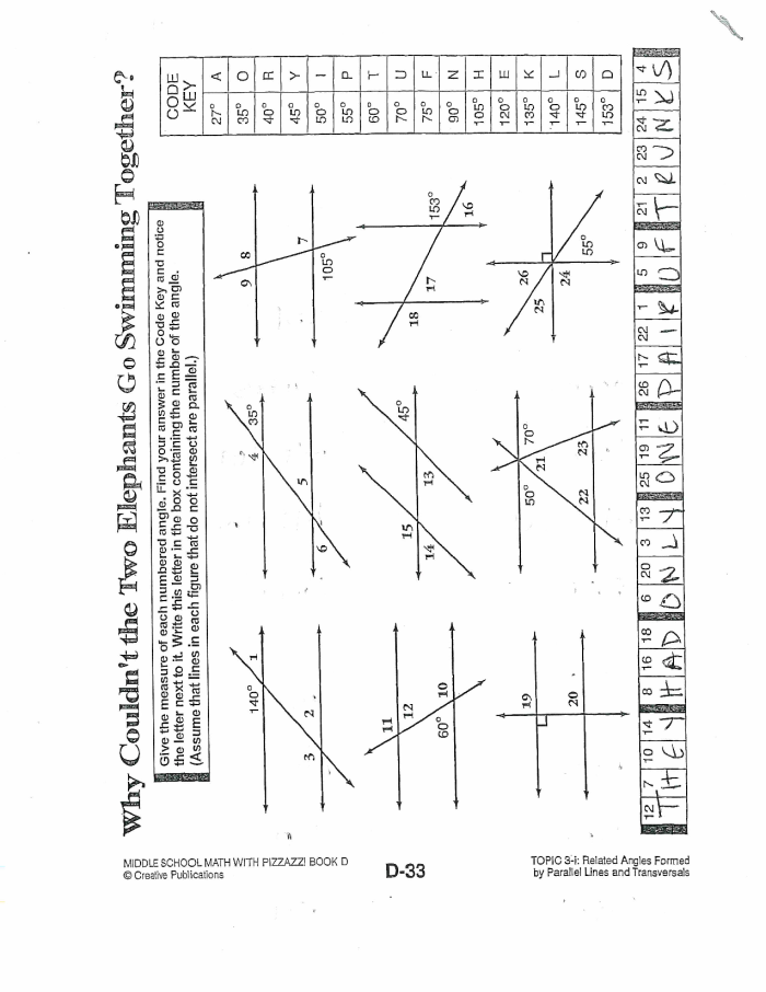 Angle Relationships Handout for seventh-grade geometry students showcasing various angle concepts