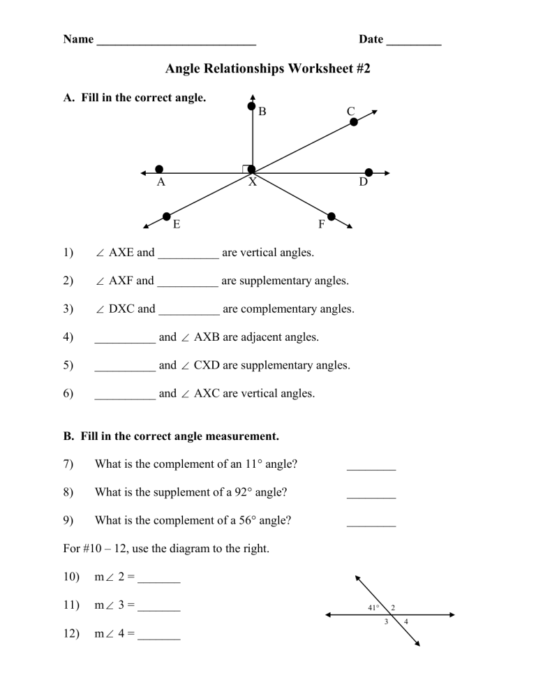 Angle Relationships Handout worksheet for seventh-grade students exploring geometry concepts. Engaging one-page resource for understanding angle relationships.