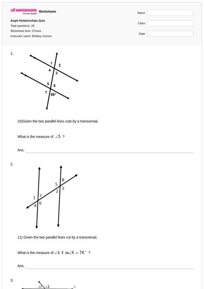 Seventh grade geometry worksheet featuring practice problems on identifying complementary supplementary vertical and adjacent angles