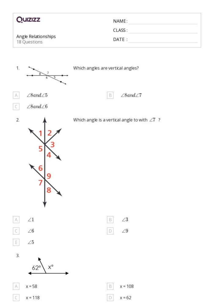 Worksheet for identifying complementary, supplementary, vertical, and adjacent angles for seventh graders