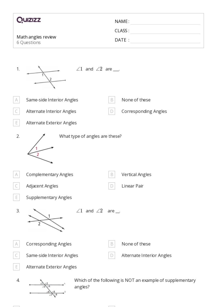 Worksheet illustrating complementary, supplementary, vertical, and adjacent angles for seventh graders