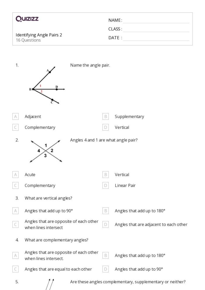 Worksheet for identifying complementary, supplementary, vertical, and adjacent angles for seventh graders