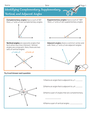 Seventh grade geometry worksheet covering the identification of complementary, supplementary, vertical, and adjacent angles