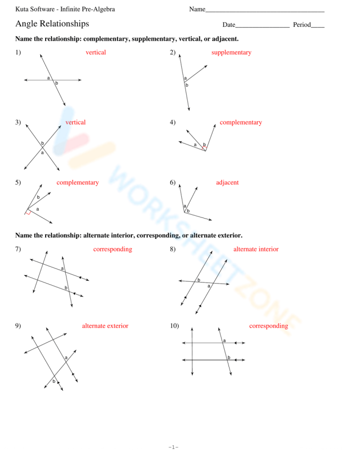Angle Relationships Handout worksheet for seventh-grade geometry students. One-page resource designed to enhance understanding of angle relationships.