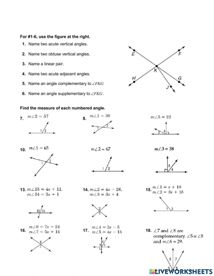 Seventh grade geometry worksheet featuring practice problems on identifying complementary, supplementary, vertical, and adjacent angles